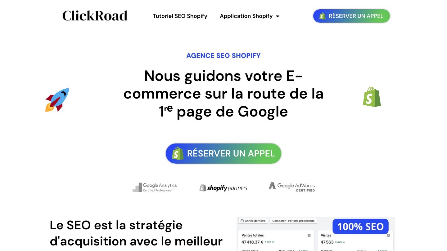 Clickroad homepage, the Shopify SEO agency run by Léopold De Wulf