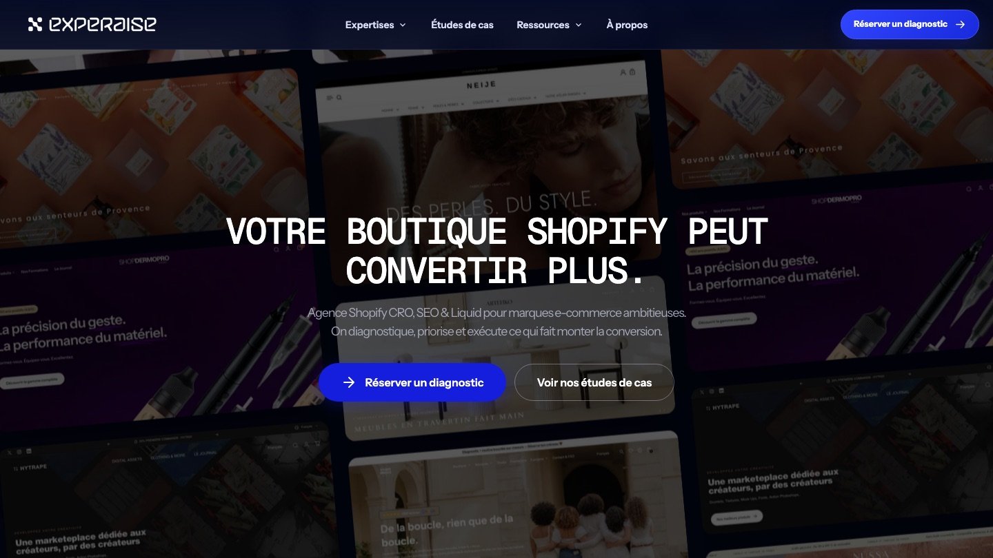 EXPERAISE homepage, the Shopify CRO and SEO agency run by Teo Comyn