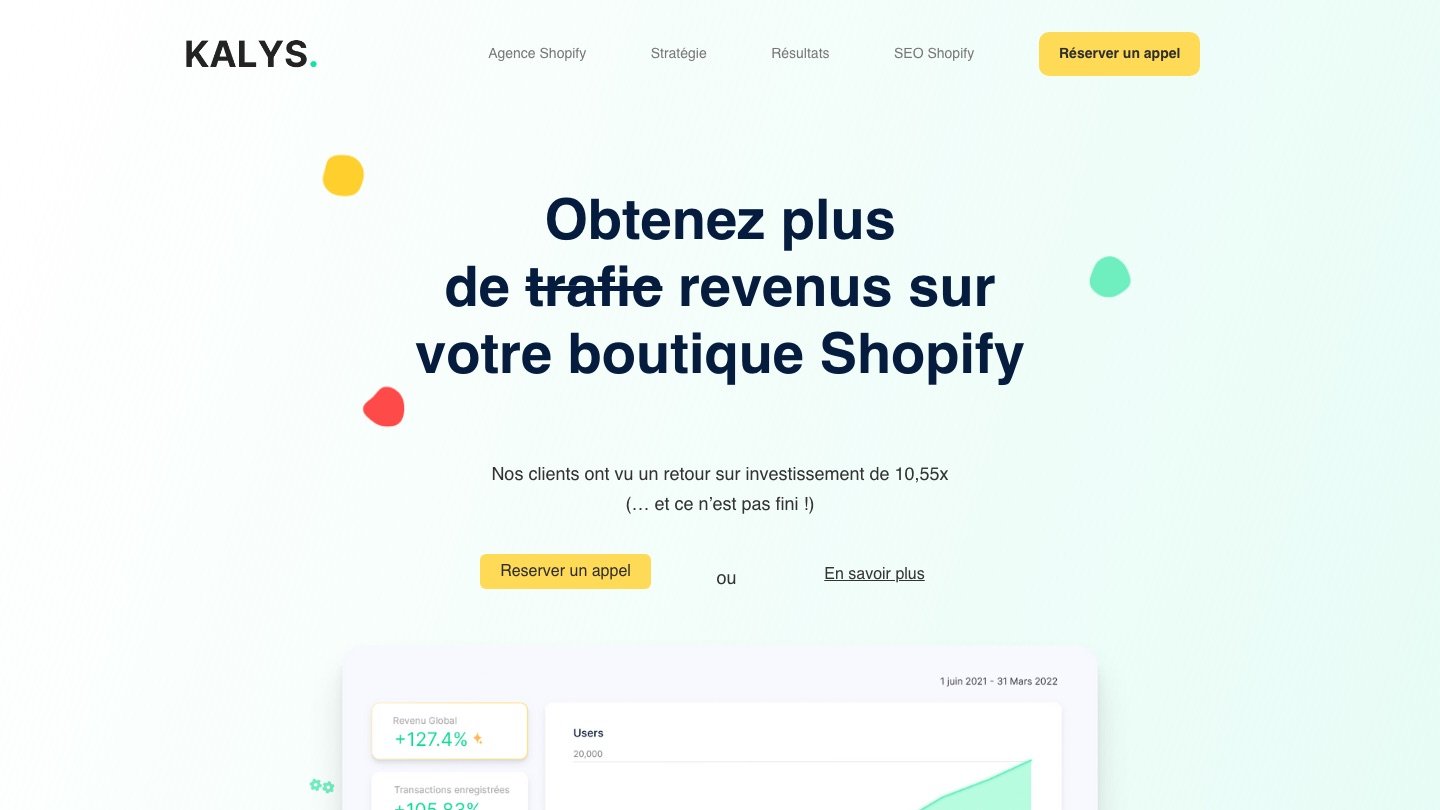 Kalys homepage, the Shopify SEO agency founded by Charly Cabéçadas